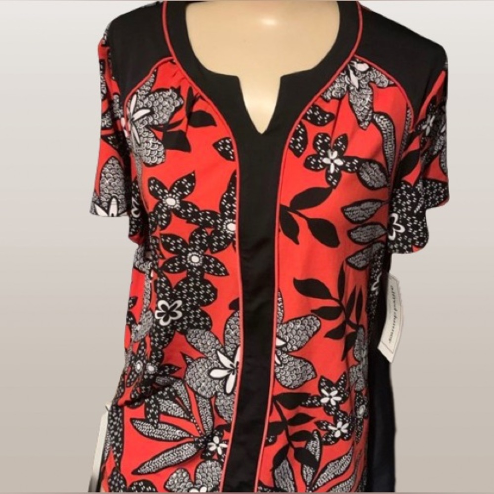 Alfred dunner red black and white floral print shirt